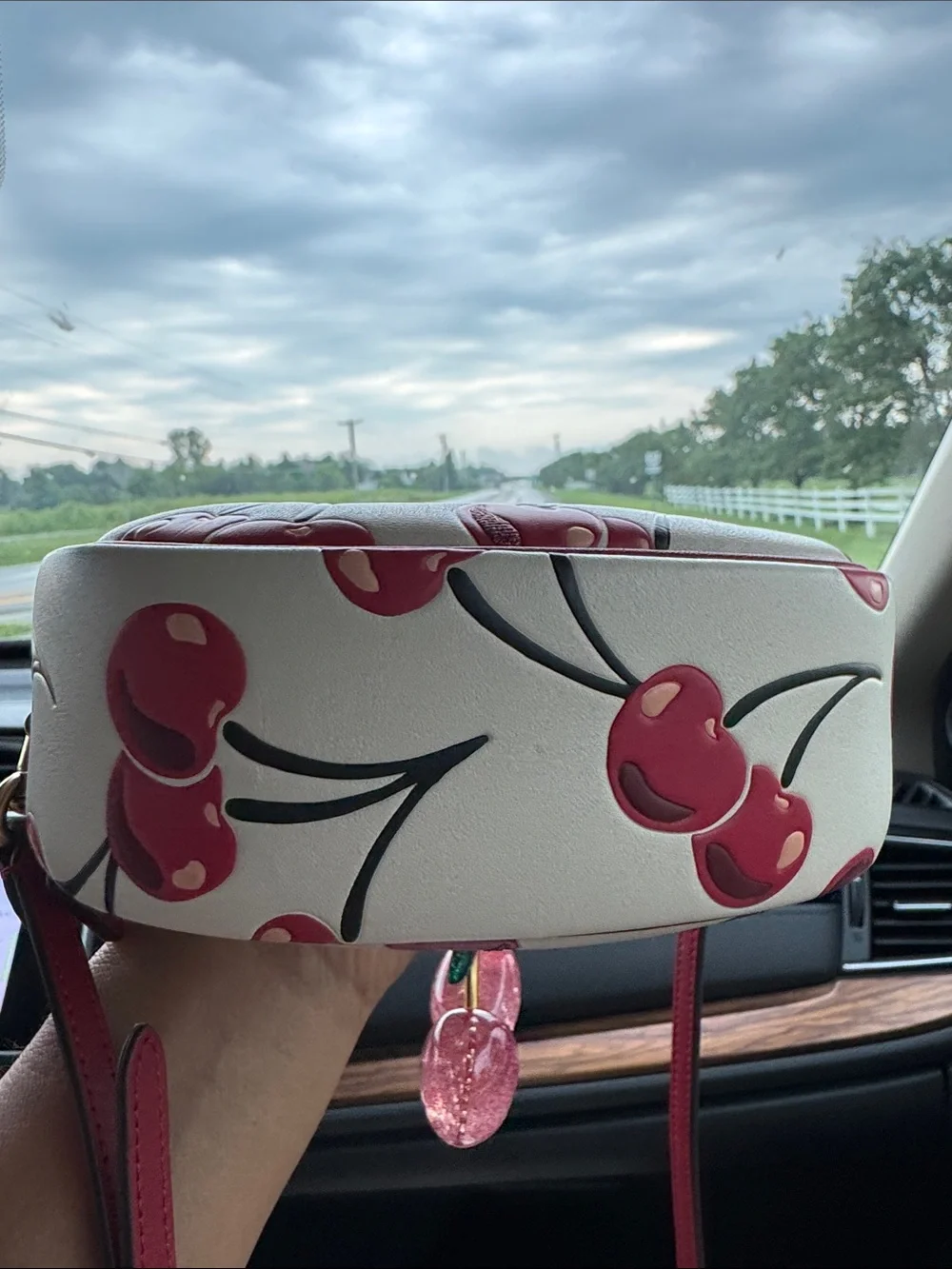 Coach White & Red Cherry Print Mini Shoulder Bag with Cherry Charm
